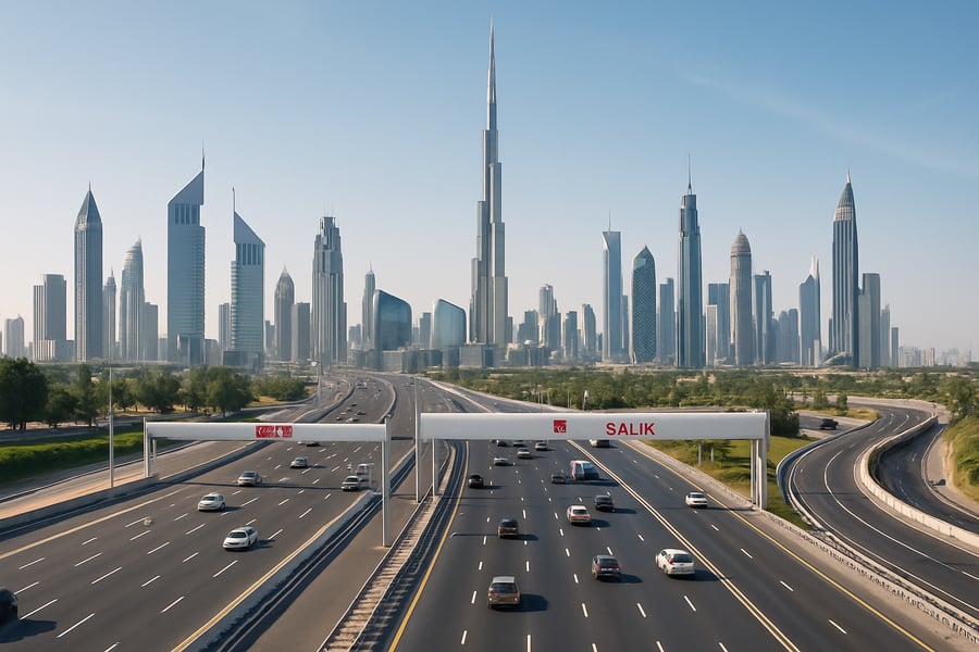 Dubai skyline with major paid roads and toll gates Dubai skyline with major paid roads and toll gates