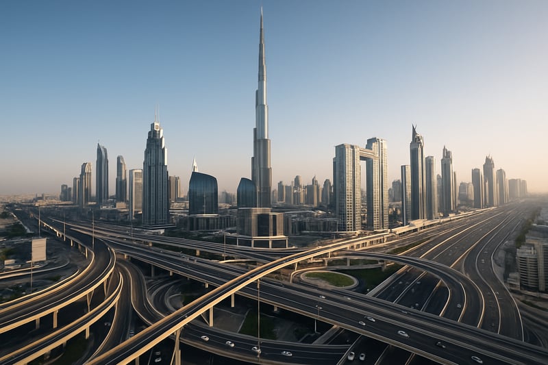 Dubai skyline with modern paid road infrastructure Dubai skyline with modern paid road infrastructure