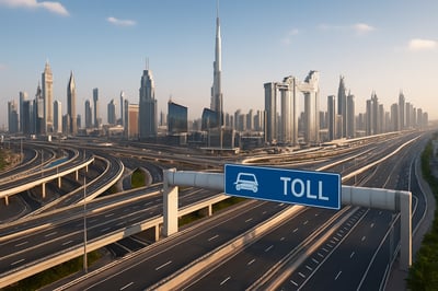 Dubai skyline with modern roads and digital toll systems Dubai skyline with modern roads and digital toll systems